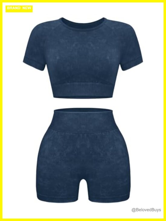 Tops - Seamless Acid Wash Yoga Outfit 2 Piece Set - Crop Top & High Waist Shorts